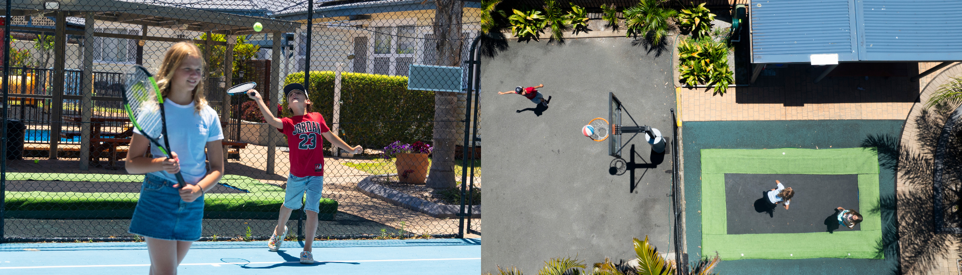 Tennis court, basketball hoop and trampoline at Forster Holiday Village